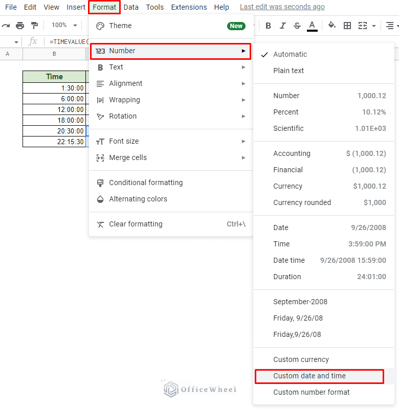 navigating to custom date and time from the format tab